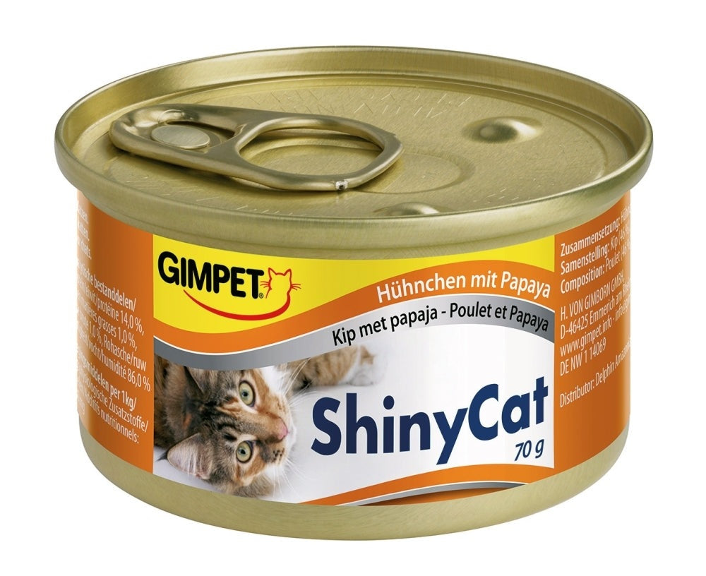 Artikel mit dem Namen Gimpet Shiny Cat Hühnchen &amp; Papaya im Shop von zoo.de , dem Onlineshop für nachhaltiges Hundefutter und Katzenfutter.