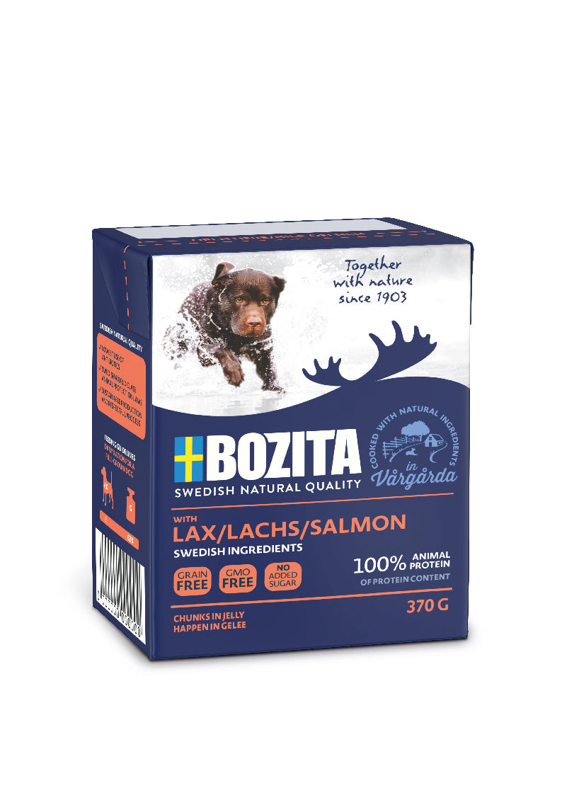 Artikel mit dem Namen Bozita Hund Chunks mit Lachs im Shop von zoo.de , dem Onlineshop für nachhaltiges Hundefutter und Katzenfutter.