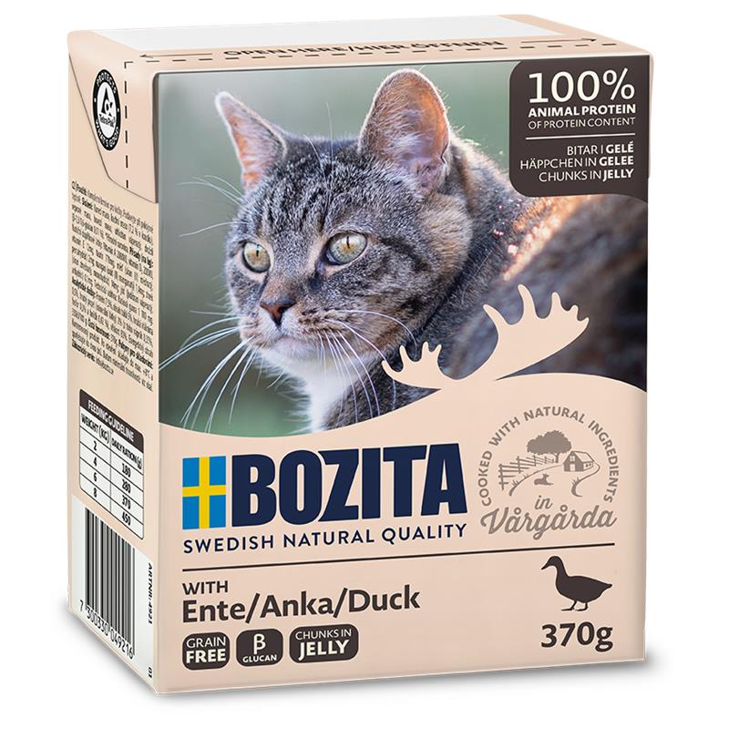 Artikel mit dem Namen Bozita Katze Chunks mit Ente im Shop von zoo.de , dem Onlineshop für nachhaltiges Hundefutter und Katzenfutter.