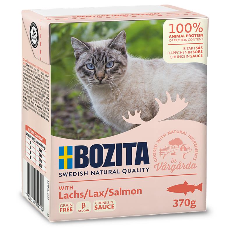 Artikel mit dem Namen Bozita Katze Chunks mit Lachs im Shop von zoo.de , dem Onlineshop für nachhaltiges Hundefutter und Katzenfutter.