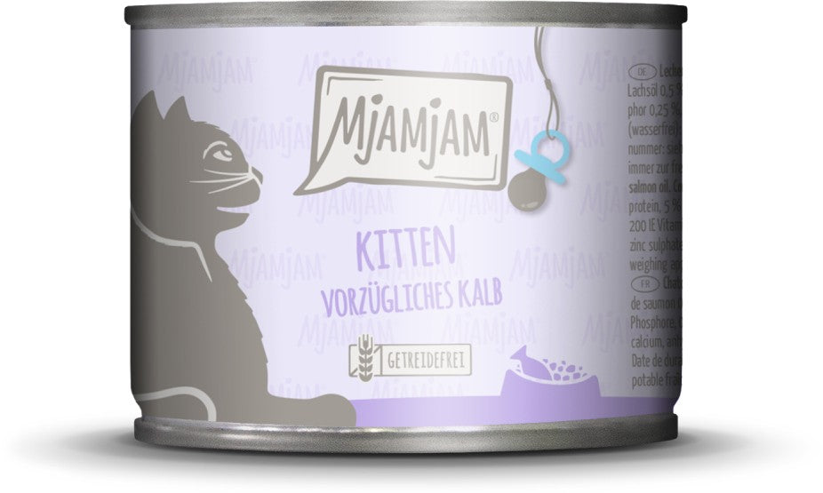 Artikel mit dem Namen MjAMjAM - Kitten - vorzügliches Kalb mit Lachsöl im Shop von zoo.de , dem Onlineshop für nachhaltiges Hundefutter und Katzenfutter.