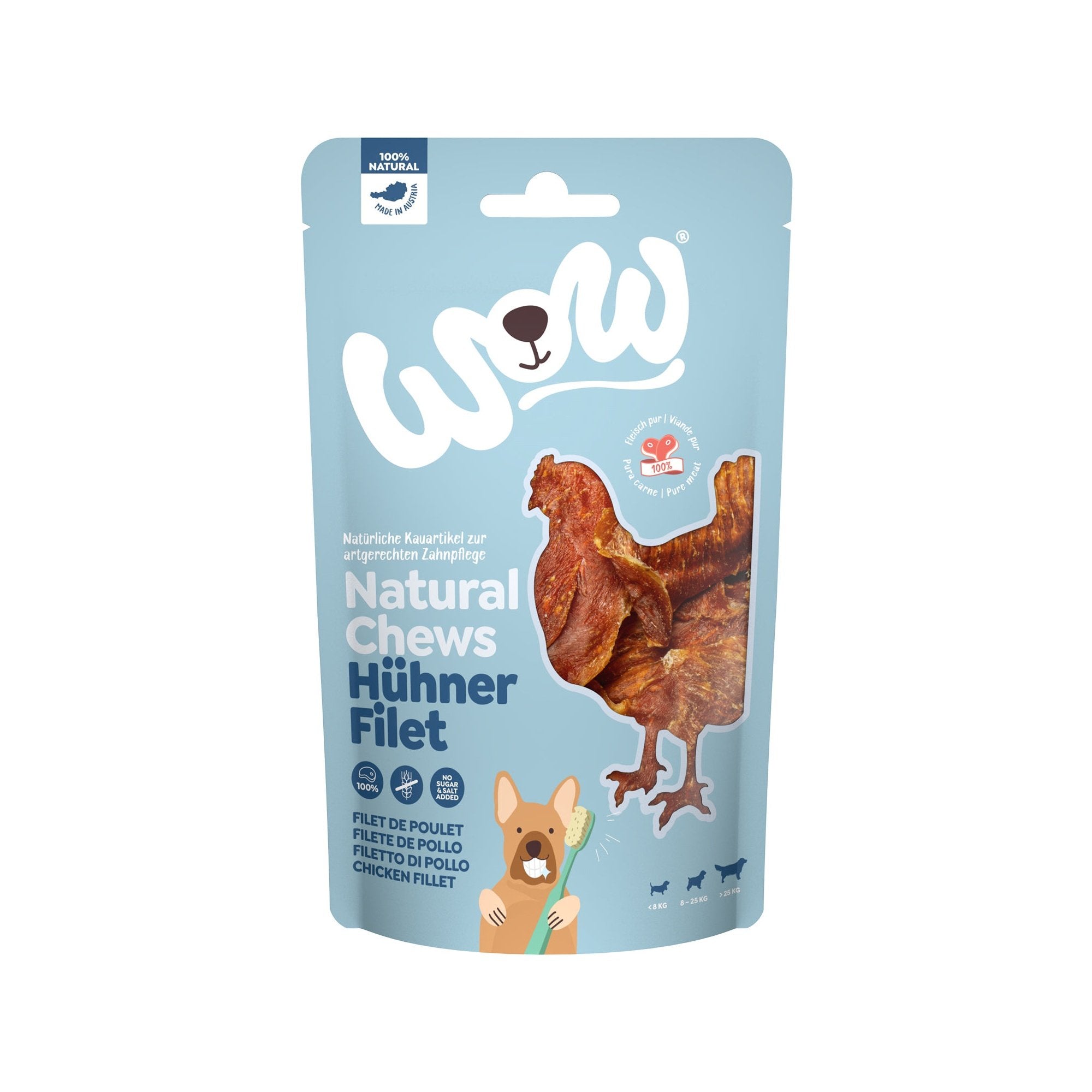 Artikel mit dem Namen WOW Hühnerfilet getrocknet im Shop von zoo.de , dem Onlineshop für nachhaltiges Hundefutter und Katzenfutter.