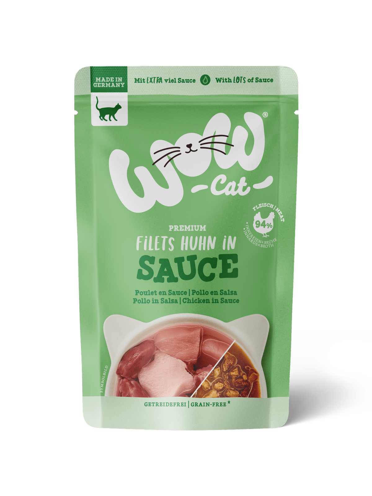 Artikel mit dem Namen WOW CAT Huhn in Sauce im Shop von zoo.de , dem Onlineshop für nachhaltiges Hundefutter und Katzenfutter.