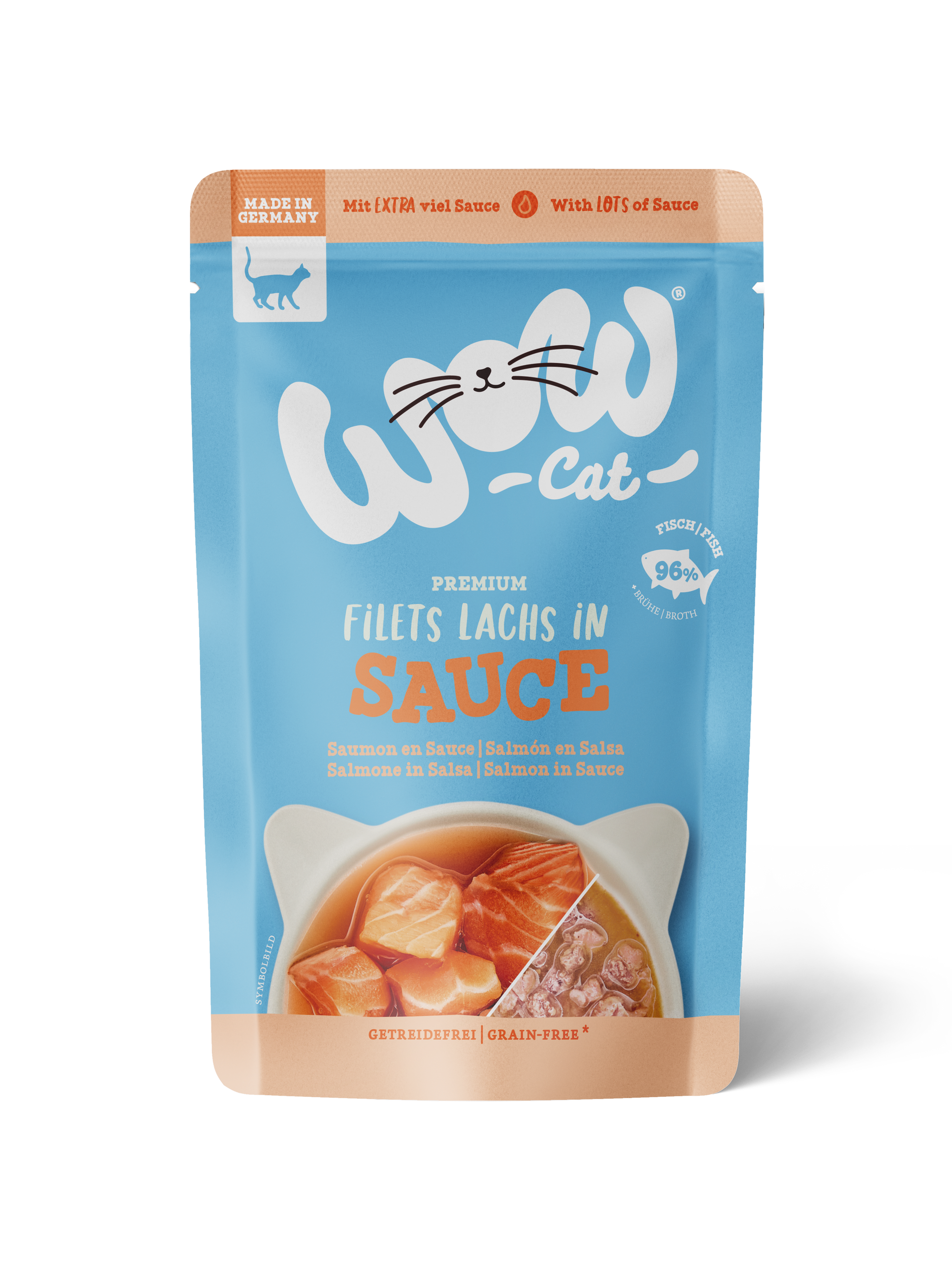 Artikel mit dem Namen WOW CAT Lachs in Sauce im Shop von zoo.de , dem Onlineshop für nachhaltiges Hundefutter und Katzenfutter.