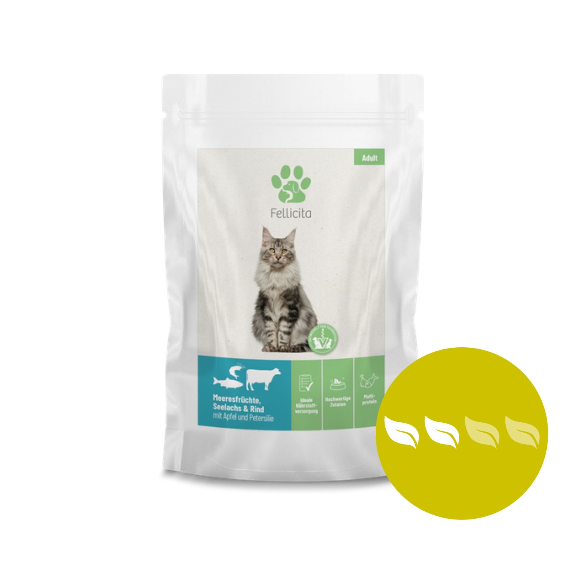 Artikel mit dem Namen Fellicita Meeresfrüchte, Seelachs &amp; Rind Frischebeutel für Katzen im Shop von zoo.de , dem Onlineshop für nachhaltiges Hundefutter und Katzenfutter.