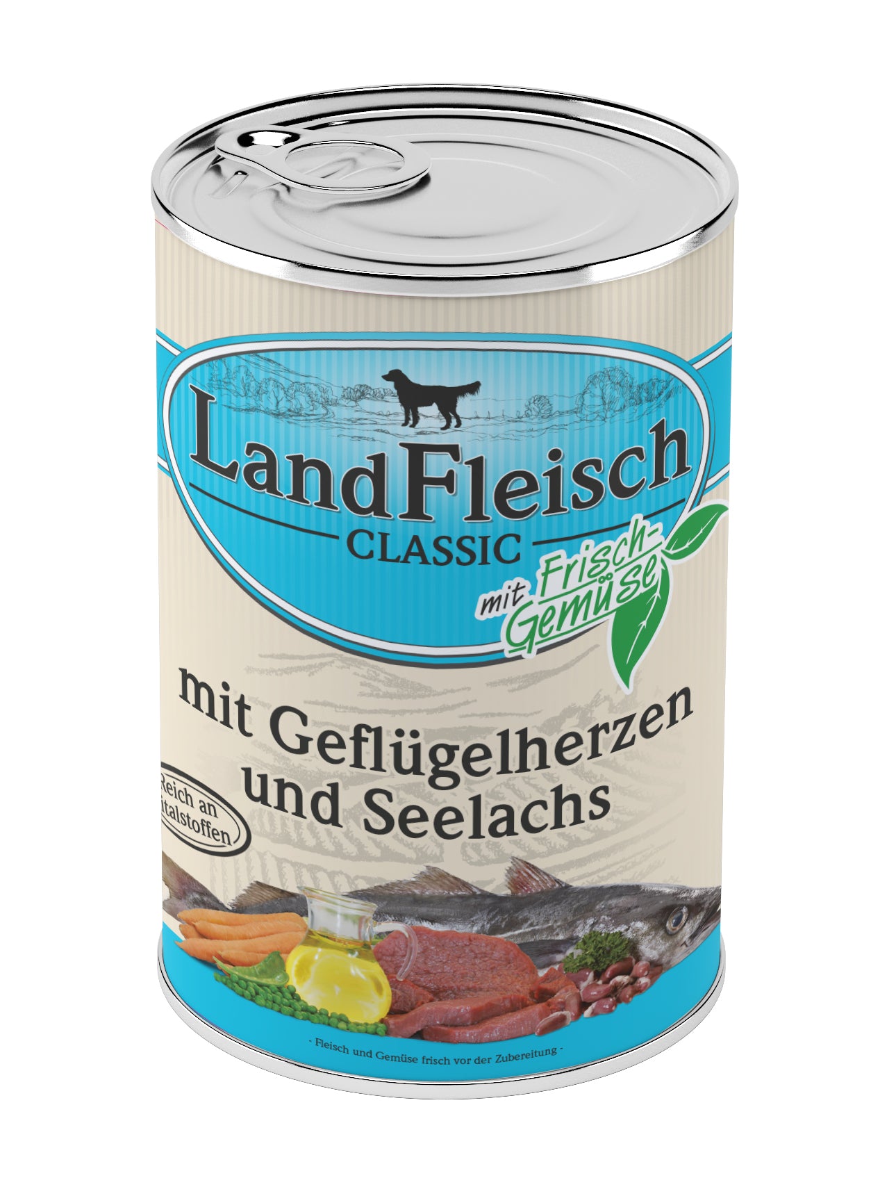 Artikel mit dem Namen LandFleisch Classic Geflügelherzen &amp; Seelachs mit Frischgemüse im Shop von zoo.de , dem Onlineshop für nachhaltiges Hundefutter und Katzenfutter.
