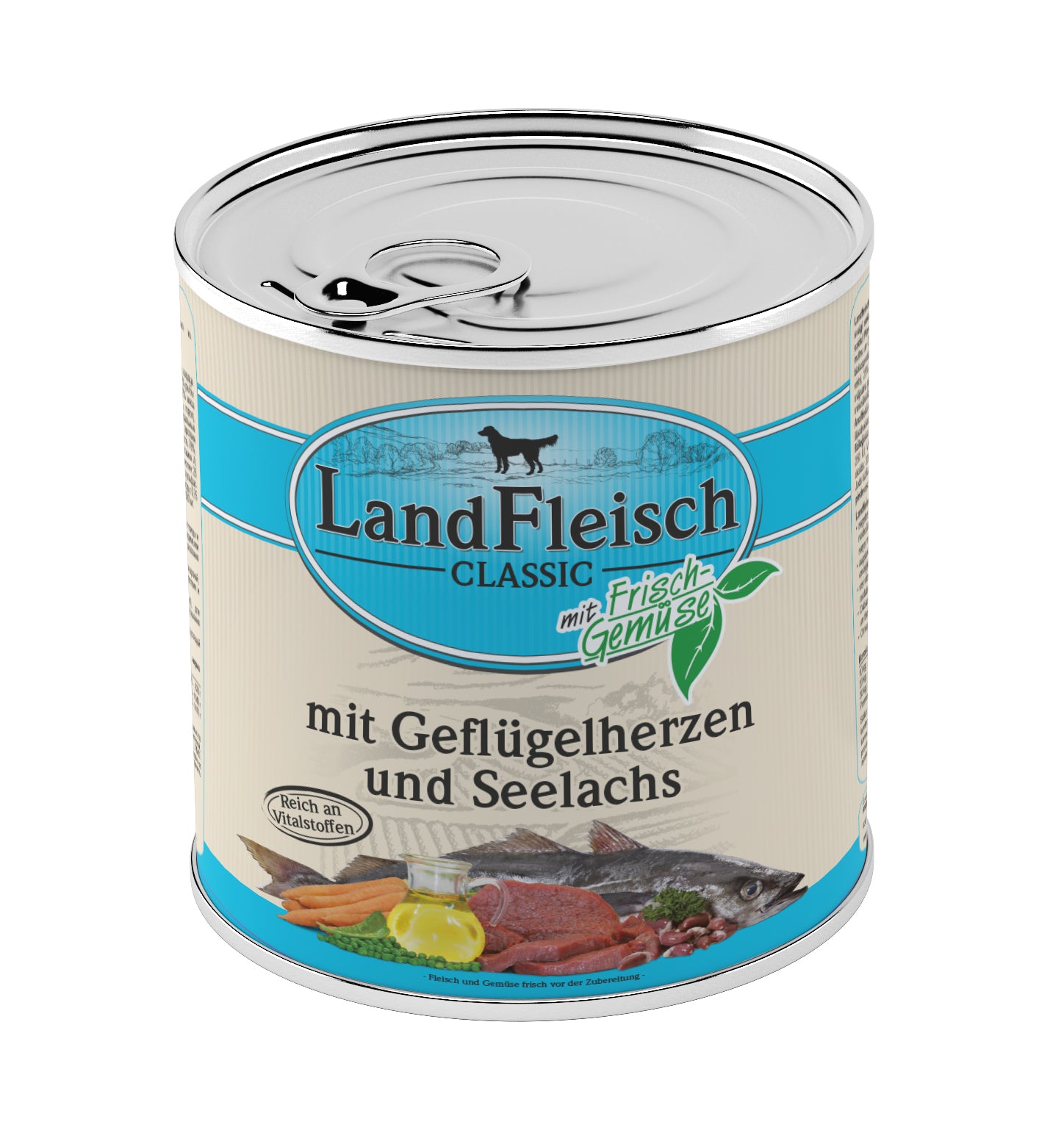 Artikel mit dem Namen LandFleisch Classic Geflügelherzen &amp; Seelachs mit Frischgemüse im Shop von zoo.de , dem Onlineshop für nachhaltiges Hundefutter und Katzenfutter.