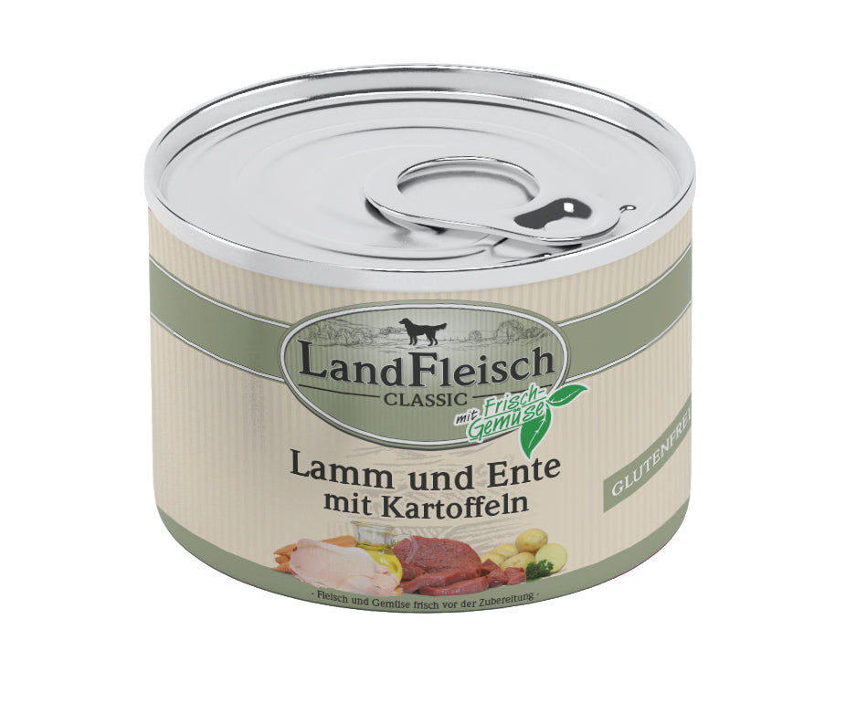 Artikel mit dem Namen LandFleisch Classic Lamm & Ente & Kartoffeln im Shop von zoo.de , dem Onlineshop für nachhaltiges Hundefutter und Katzenfutter.
