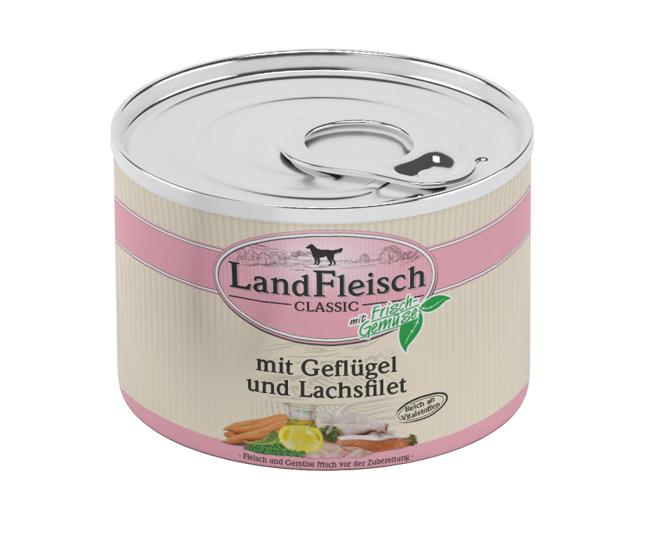 Artikel mit dem Namen LandFleisch Classic Geflügel & Lachsfilet mit Frischgemüse im Shop von zoo.de , dem Onlineshop für nachhaltiges Hundefutter und Katzenfutter.