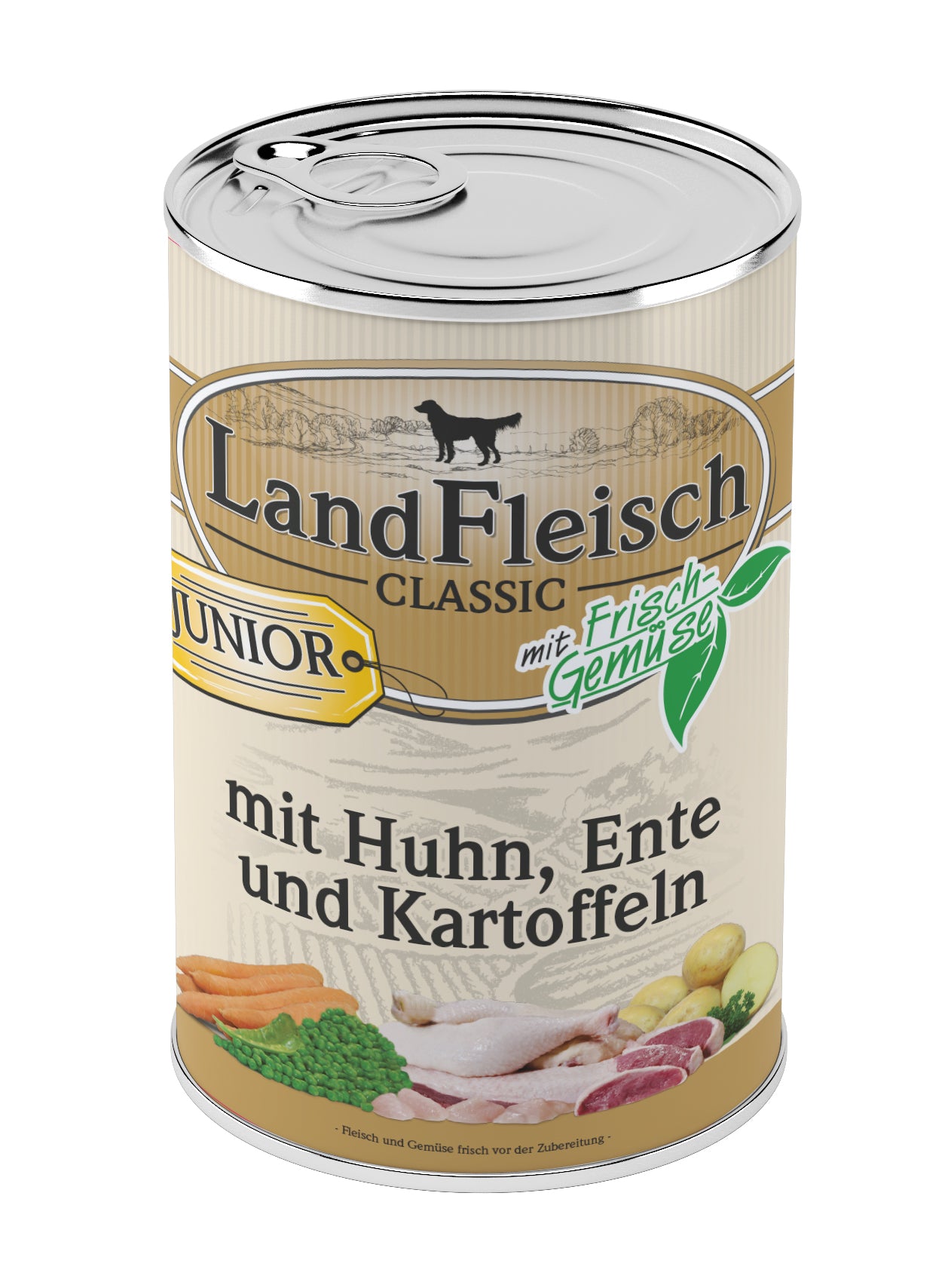 Artikel mit dem Namen LandFleisch Classic Junior Huhn &amp; Ente &amp; Kartoffeln mit Frischgemüse im Shop von zoo.de , dem Onlineshop für nachhaltiges Hundefutter und Katzenfutter.