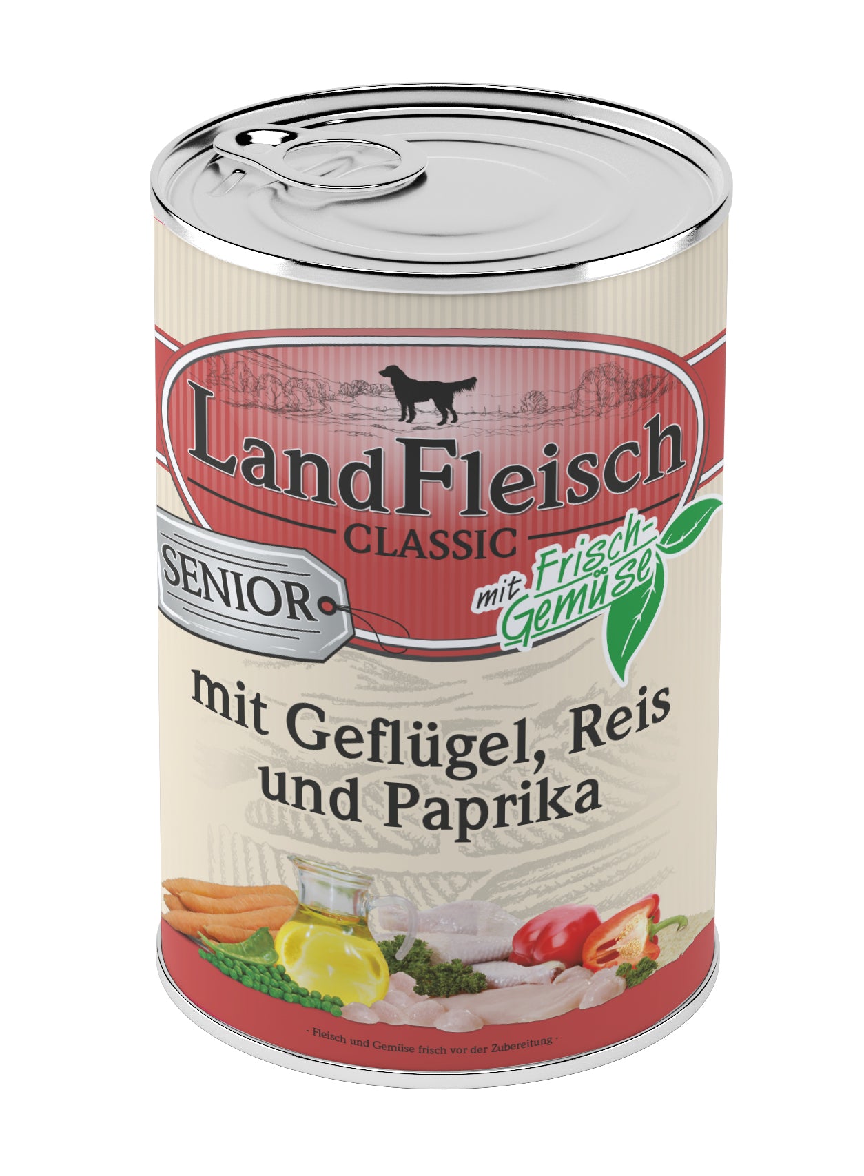 Artikel mit dem Namen LandFleisch Classic Senior Geflügel & Reis & Paprika mit Frischgemüse im Shop von zoo.de , dem Onlineshop für nachhaltiges Hundefutter und Katzenfutter.