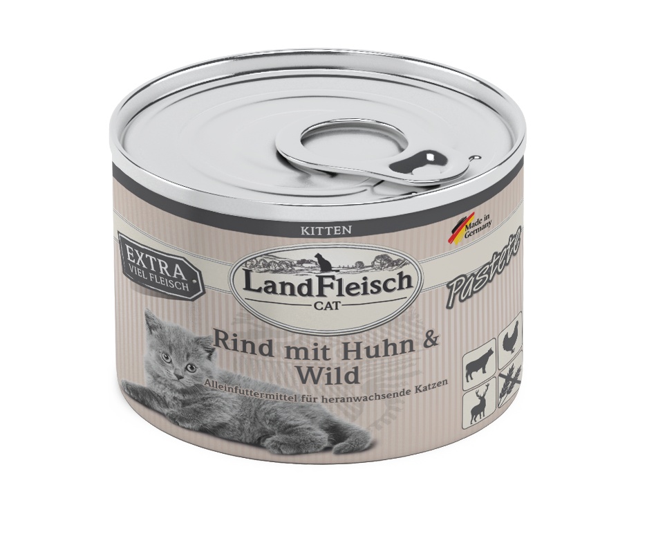Artikel mit dem Namen LandFleisch Cat Kitten Pastete Rind mit Huhn & Wild im Shop von zoo.de , dem Onlineshop für nachhaltiges Hundefutter und Katzenfutter.