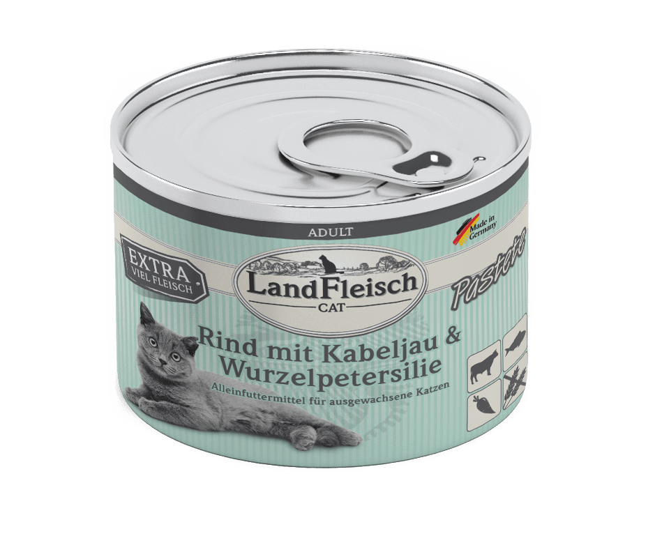 Artikel mit dem Namen Landfleisch für Katzen mit Rind und Kabeljau im Shop von zoo.de , dem Onlineshop für nachhaltiges Hundefutter und Katzenfutter.