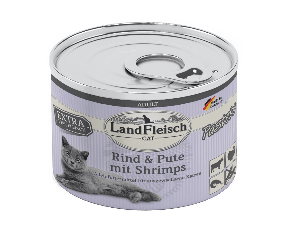 Artikel mit dem Namen LandFleisch Cat Adult Pastete Rind & Pute mit Shrimps im Shop von zoo.de , dem Onlineshop für nachhaltiges Hundefutter und Katzenfutter.