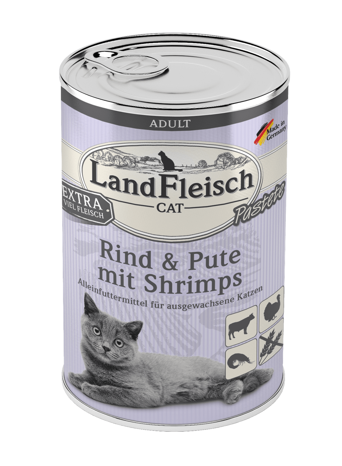 Artikel mit dem Namen LandFleisch Cat Adult Pastete Rind &amp; Pute mit Shrimps im Shop von zoo.de , dem Onlineshop für nachhaltiges Hundefutter und Katzenfutter.