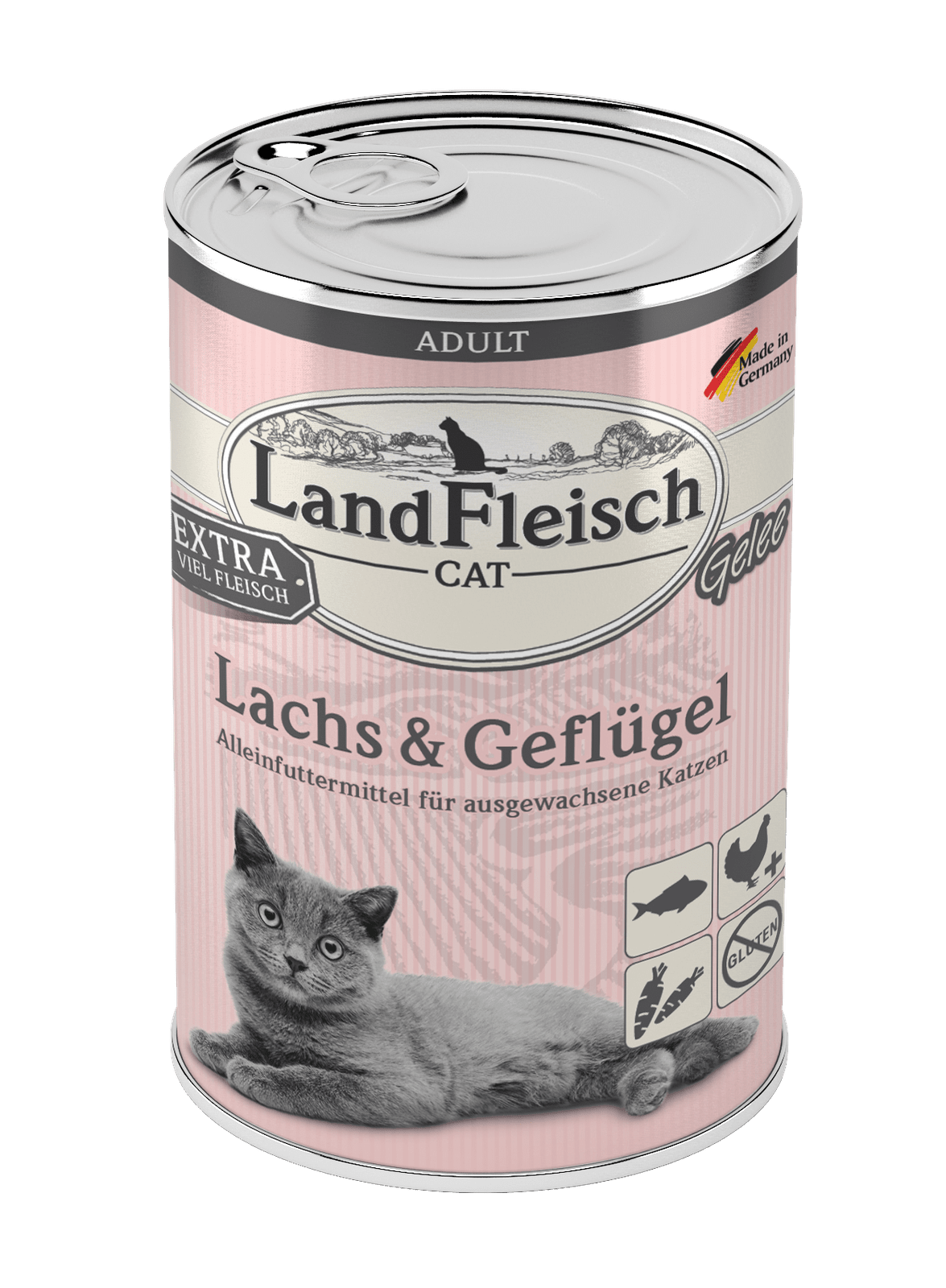 Artikel mit dem Namen LandFleisch Cat Adult Gelee Lachs &amp; Geflügel im Shop von zoo.de , dem Onlineshop für nachhaltiges Hundefutter und Katzenfutter.
