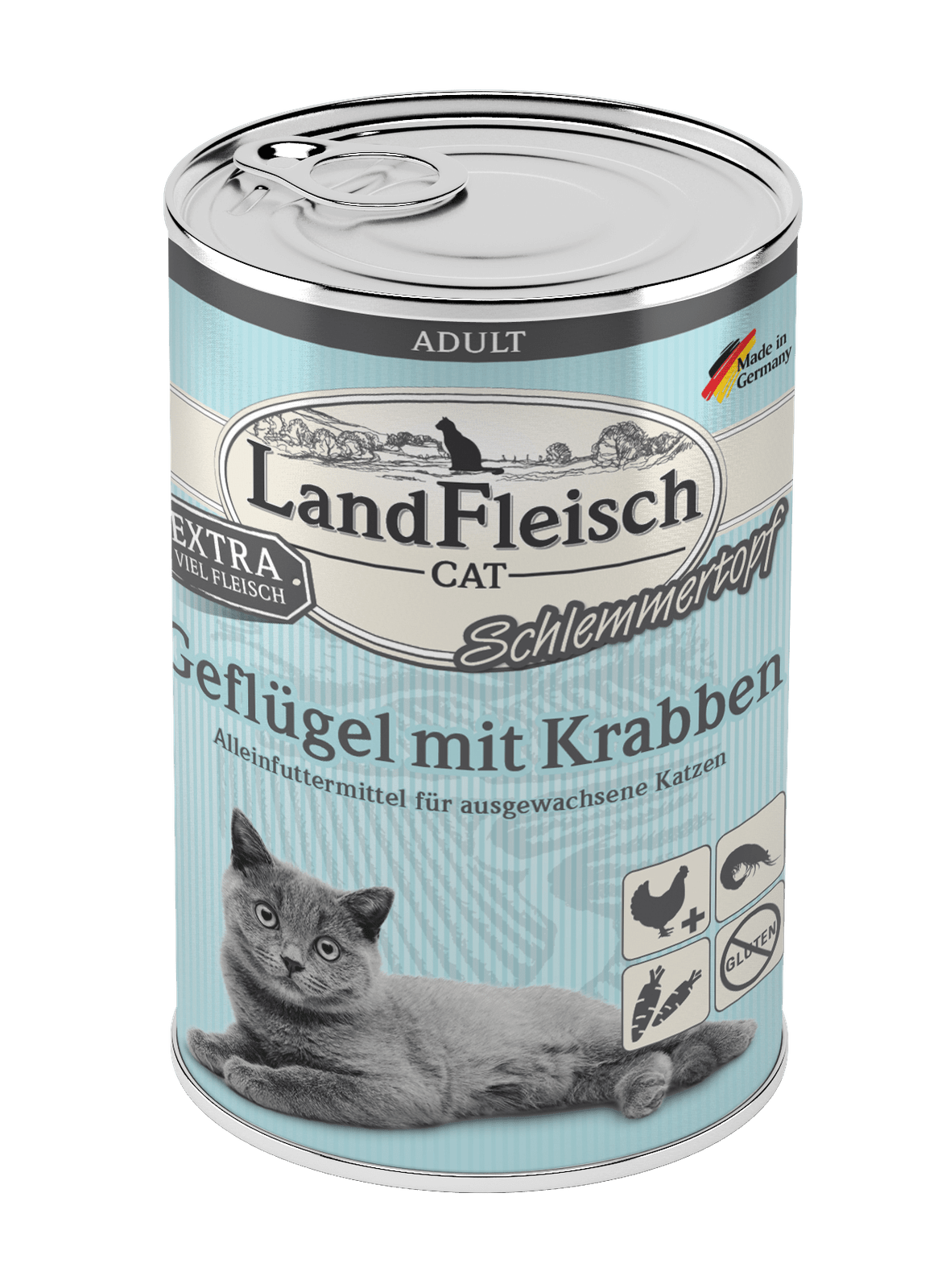 Artikel mit dem Namen LandFleisch Cat Adult Schlemmertopf Geflügel mit Krabben im Shop von zoo.de , dem Onlineshop für nachhaltiges Hundefutter und Katzenfutter.