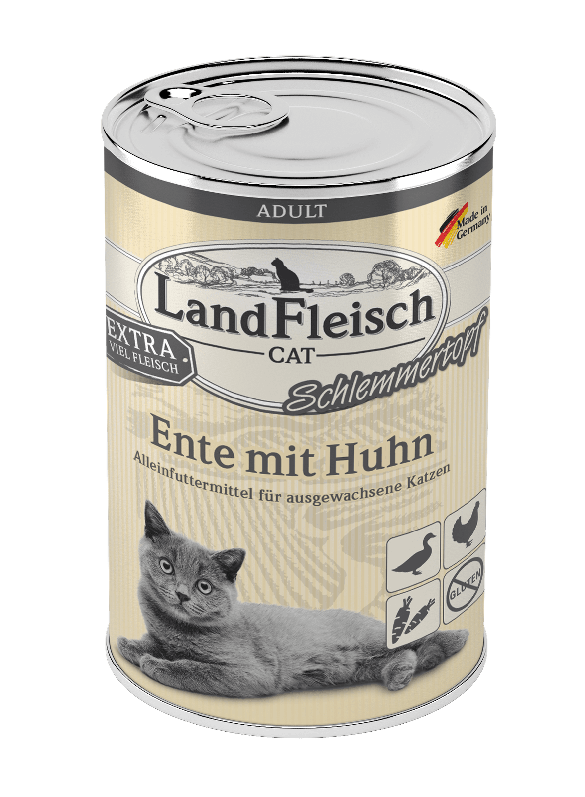 Artikel mit dem Namen LandFleisch Cat Adult Schlemmertopf Ente mit Huhn im Shop von zoo.de , dem Onlineshop für nachhaltiges Hundefutter und Katzenfutter.