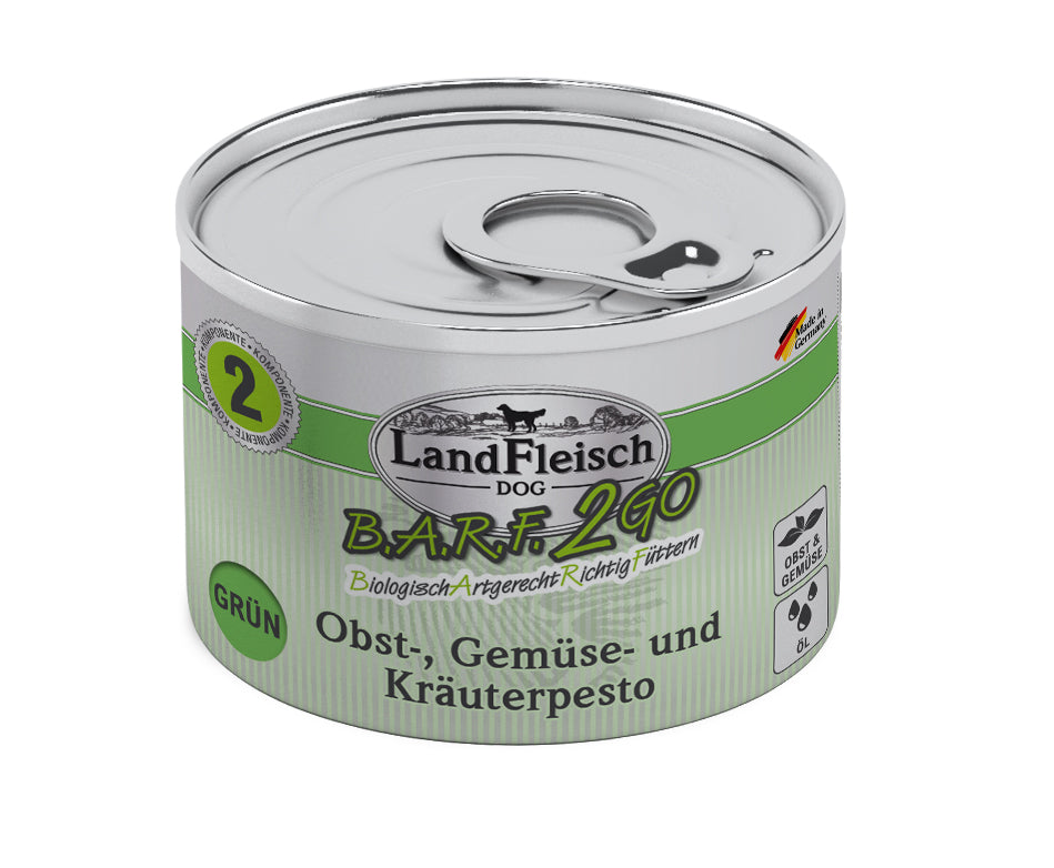 Artikel mit dem Namen Landfleisch BARF2GO für Hunde Pesto grün im Shop von zoo.de , dem Onlineshop für nachhaltiges Hundefutter und Katzenfutter.