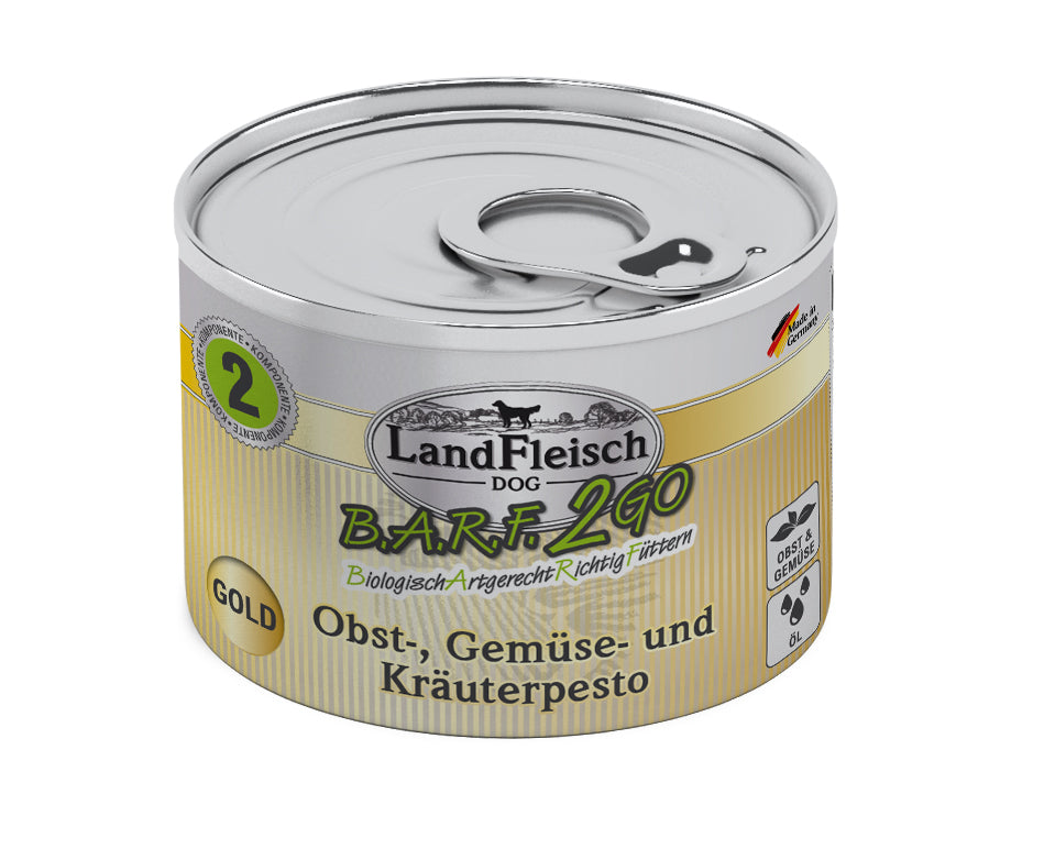 Artikel mit dem Namen Landfleisch BARF2GO für Hunde Pesto gold im Shop von zoo.de , dem Onlineshop für nachhaltiges Hundefutter und Katzenfutter.