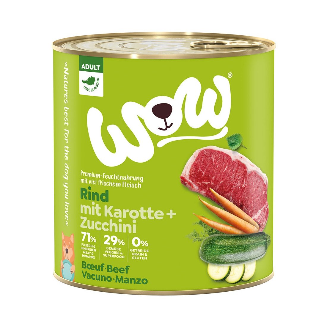 Artikel mit dem Namen WOW Rind mit Karotte und Zucchini im Shop von zoo.de , dem Onlineshop für nachhaltiges Hundefutter und Katzenfutter.
