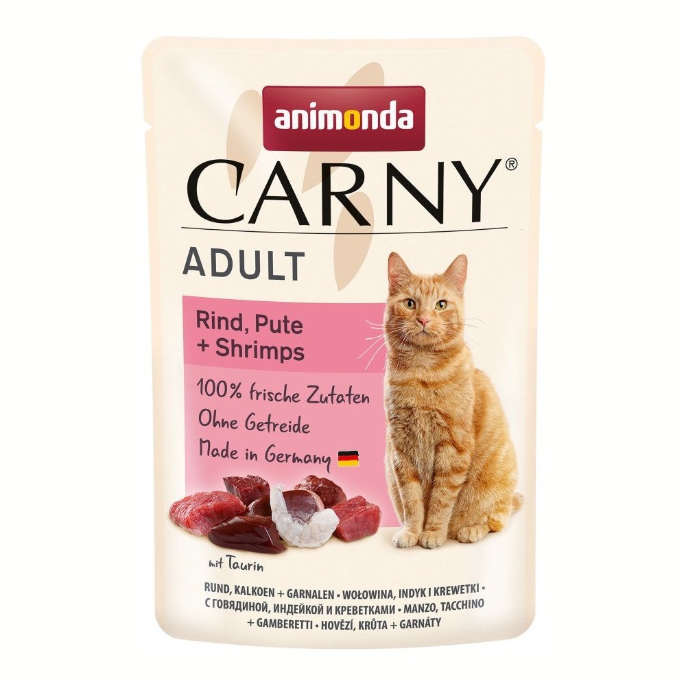 Artikel mit dem Namen Animonda Cat Carny Adult Rind & Pute & Shrimps im Shop von zoo.de , dem Onlineshop für nachhaltiges Hundefutter und Katzenfutter.