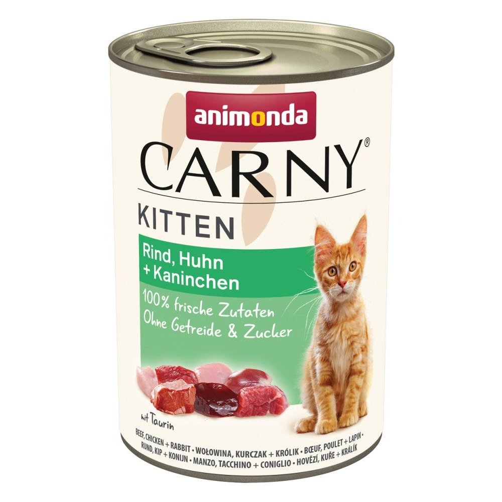 Artikel mit dem Namen Animonda Cat Carny Kitten Rind, Huhn + Kaninchen im Shop von zoo.de , dem Onlineshop für nachhaltiges Hundefutter und Katzenfutter.