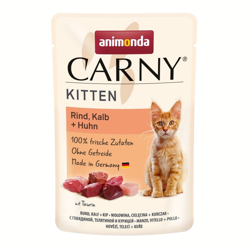 Artikel mit dem Namen Animonda Cat Carny Kitten Rind, Kalb + Huhn im Shop von zoo.de , dem Onlineshop für nachhaltiges Hundefutter und Katzenfutter.