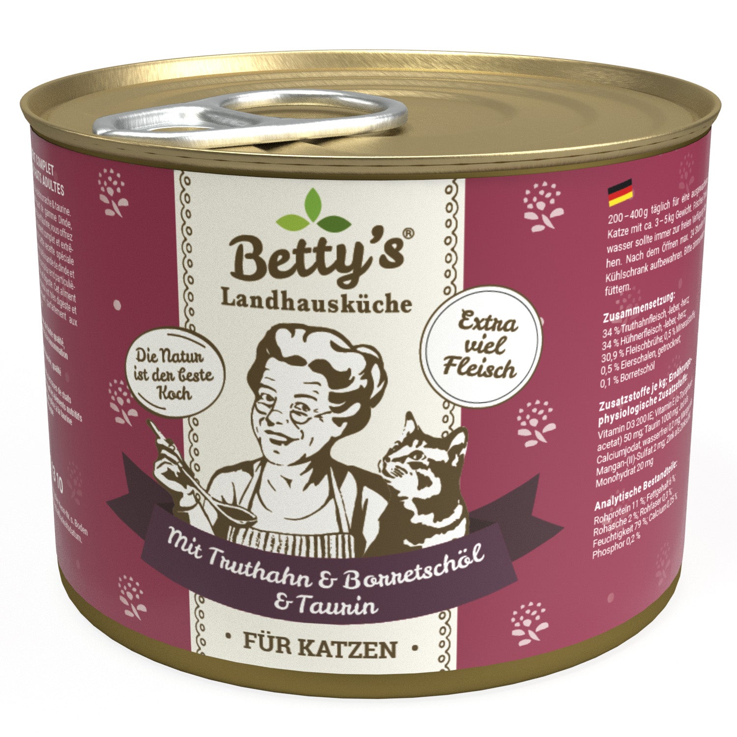 Artikel mit dem Namen Betty's Katze Truthahn und Borretschöl im Shop von zoo.de , dem Onlineshop für nachhaltiges Hundefutter und Katzenfutter.