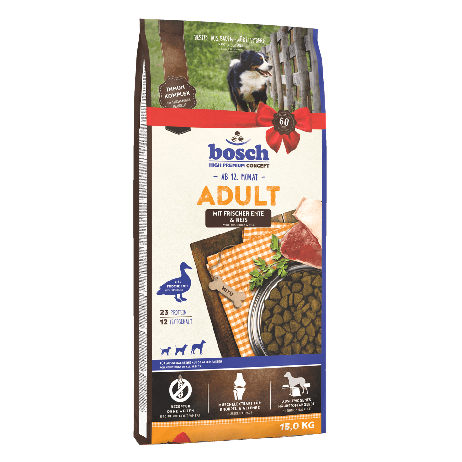 Artikel mit dem Namen Bosch Adult Ente &amp; Reis im Shop von zoo.de , dem Onlineshop für nachhaltiges Hundefutter und Katzenfutter.
