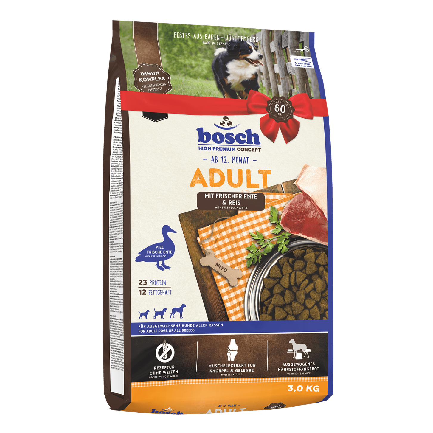 Artikel mit dem Namen Bosch Adult Ente &amp; Reis im Shop von zoo.de , dem Onlineshop für nachhaltiges Hundefutter und Katzenfutter.