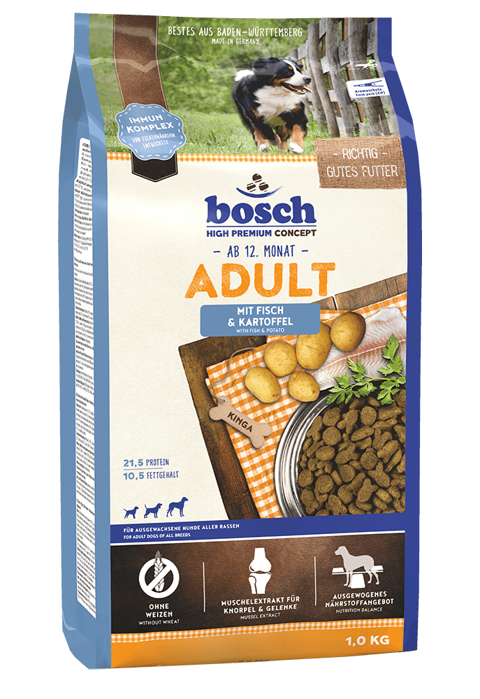 Artikel mit dem Namen Bosch Adult Fisch & Kartoffel im Shop von zoo.de , dem Onlineshop für nachhaltiges Hundefutter und Katzenfutter.