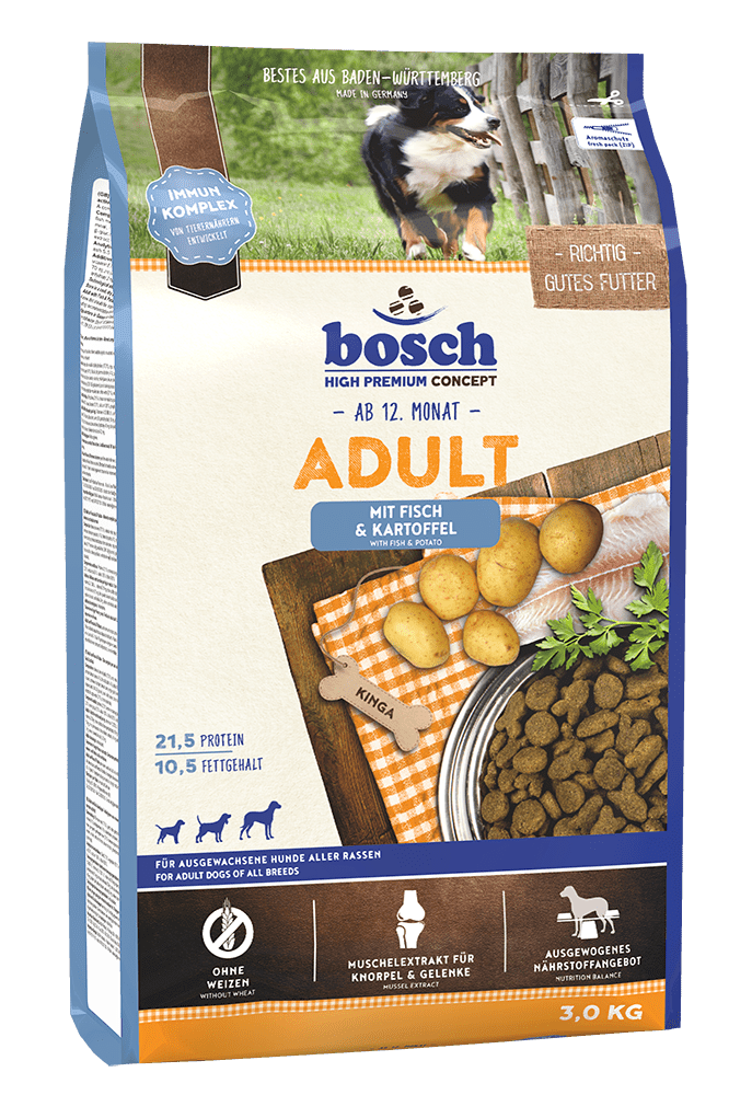 Artikel mit dem Namen Bosch Adult Fisch & Kartoffel im Shop von zoo.de , dem Onlineshop für nachhaltiges Hundefutter und Katzenfutter.