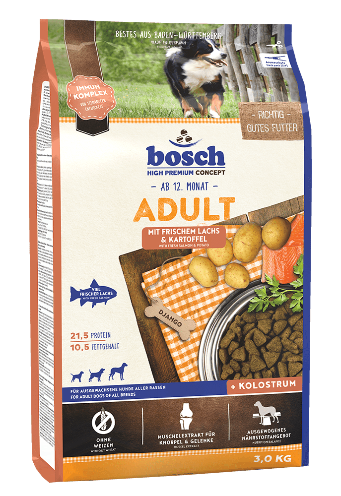 Artikel mit dem Namen Bosch Adult Lachs & Kartoffel im Shop von zoo.de , dem Onlineshop für nachhaltiges Hundefutter und Katzenfutter.