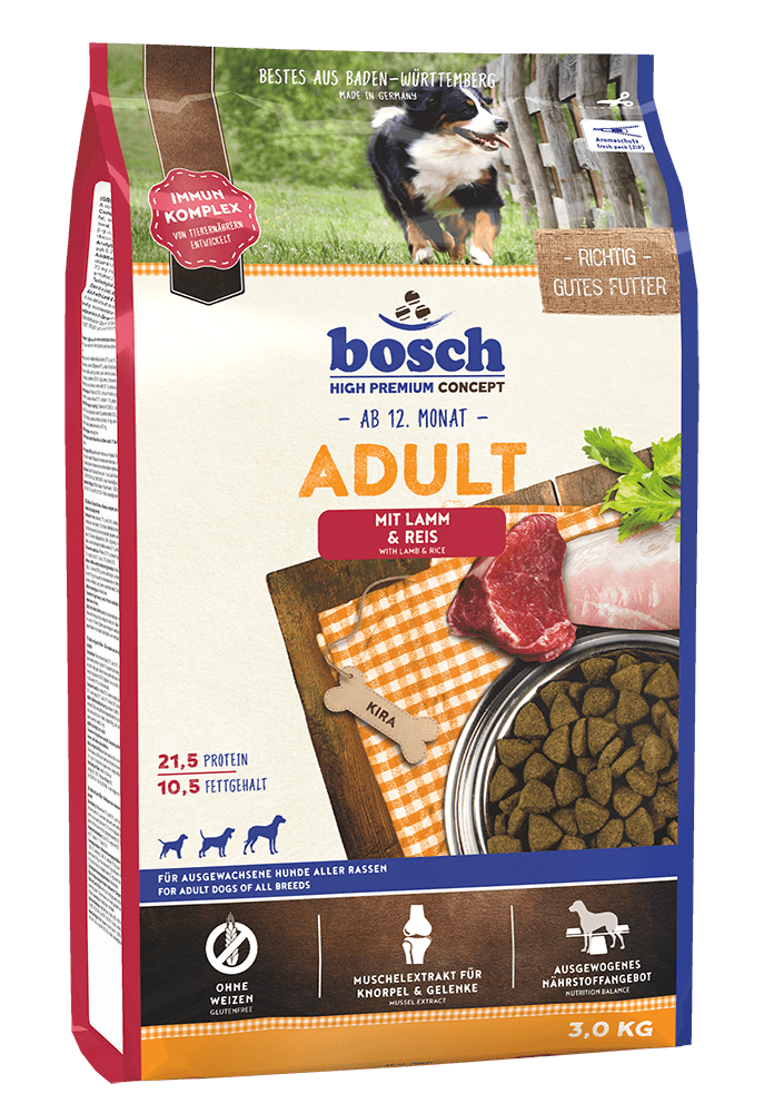 Artikel mit dem Namen Bosch Adult mit Lamm und Reis im Shop von zoo.de , dem Onlineshop für nachhaltiges Hundefutter und Katzenfutter.