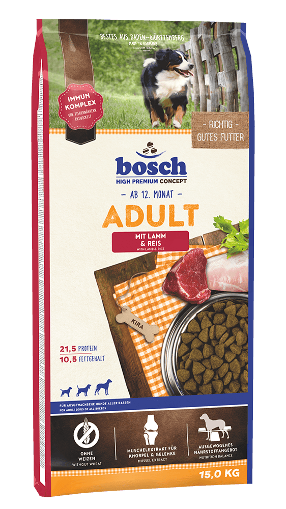 Artikel mit dem Namen Bosch Adult mit Lamm und Reis im Shop von zoo.de , dem Onlineshop für nachhaltiges Hundefutter und Katzenfutter.