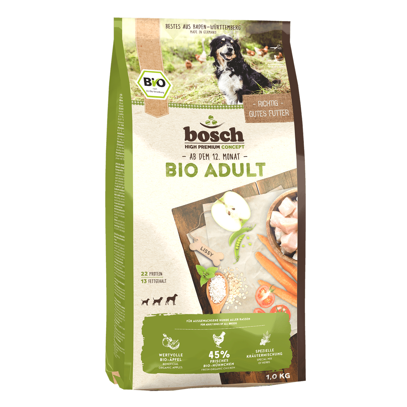 Artikel mit dem Namen Bosch Bio Hühnchen & Apfel im Shop von zoo.de , dem Onlineshop für nachhaltiges Hundefutter und Katzenfutter.