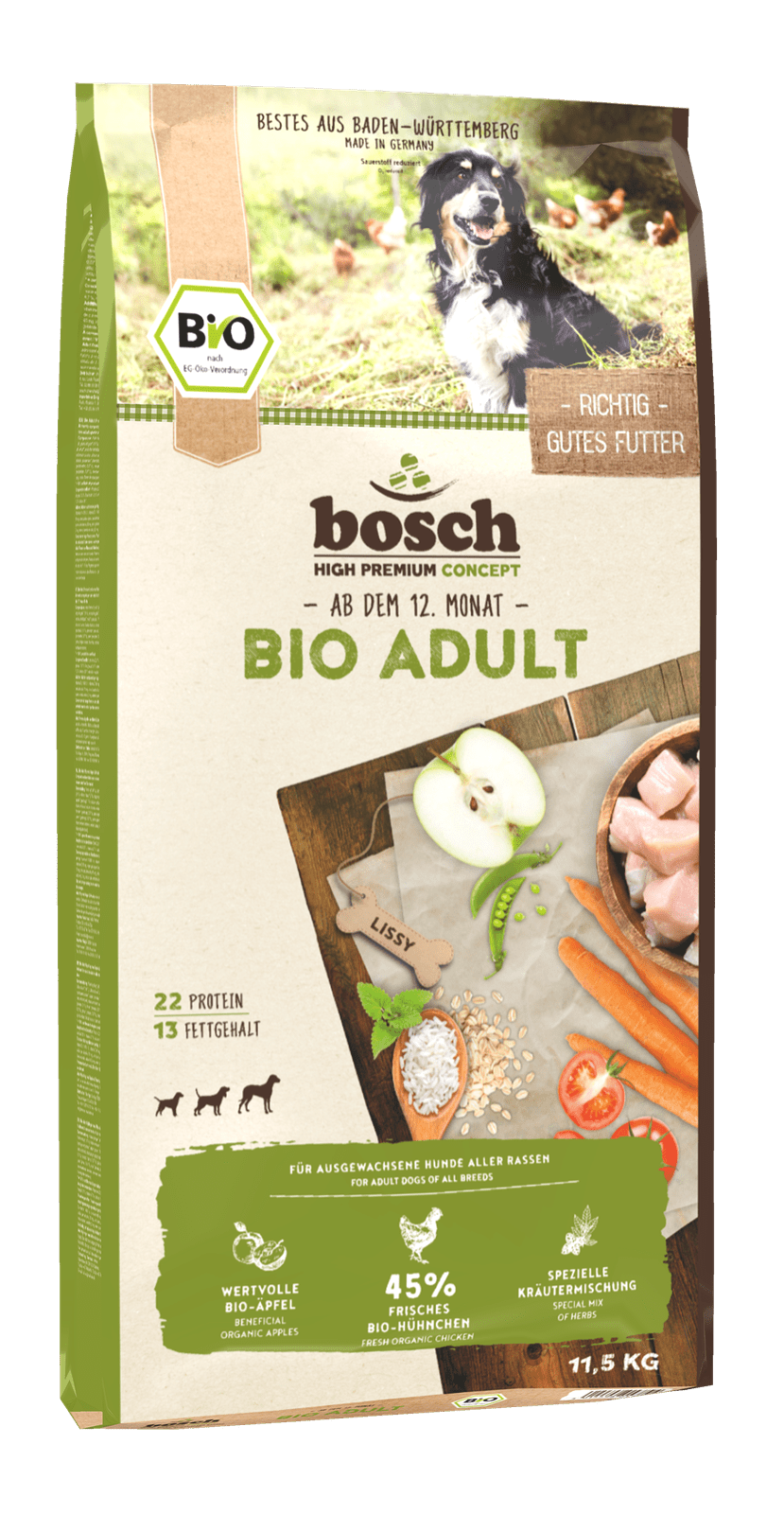 Artikel mit dem Namen Bosch Bio Hühnchen & Apfel im Shop von zoo.de , dem Onlineshop für nachhaltiges Hundefutter und Katzenfutter.