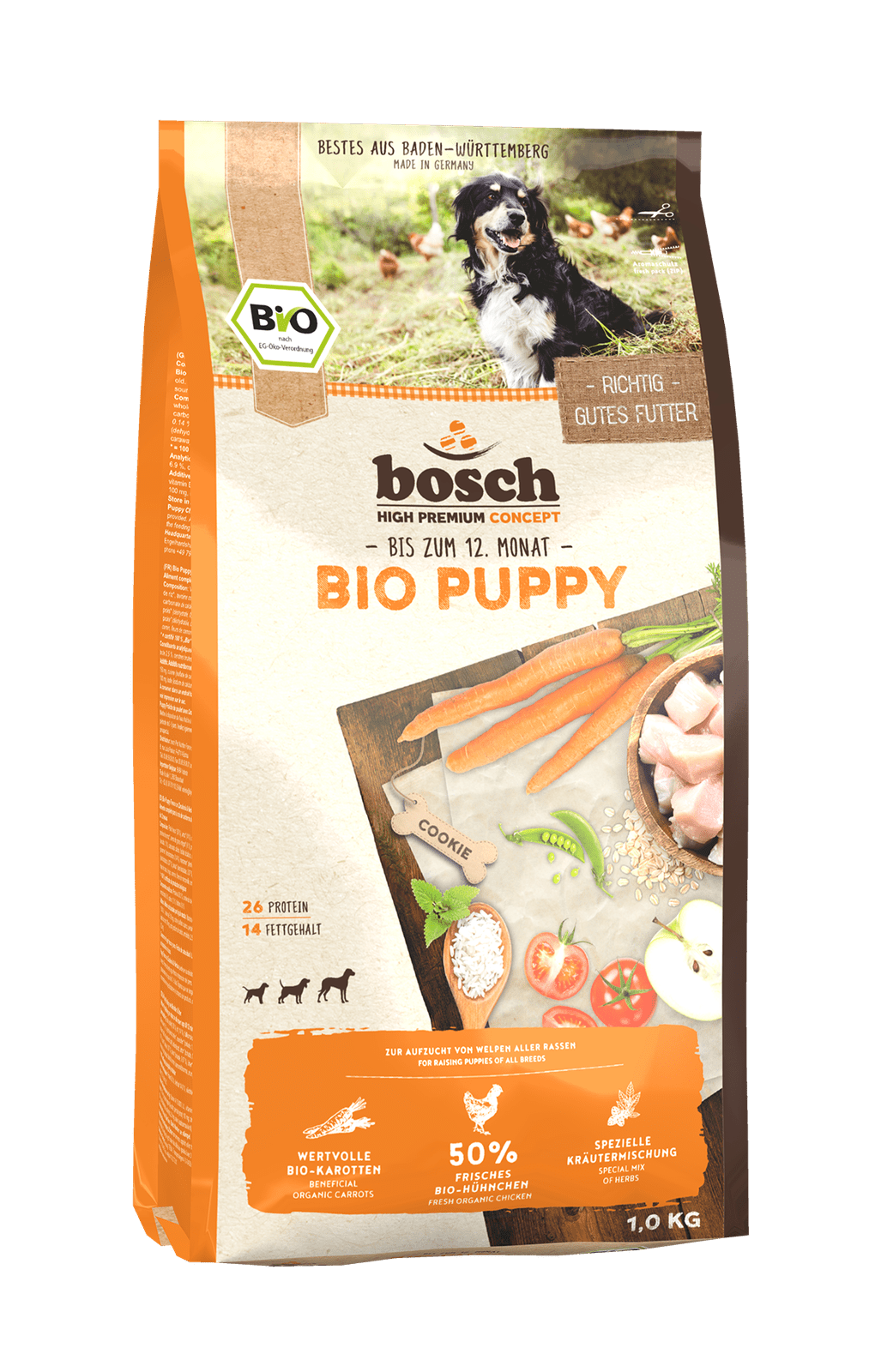 Artikel mit dem Namen Bosch Bio Puppy Hühnchen & Karotten im Shop von zoo.de , dem Onlineshop für nachhaltiges Hundefutter und Katzenfutter.