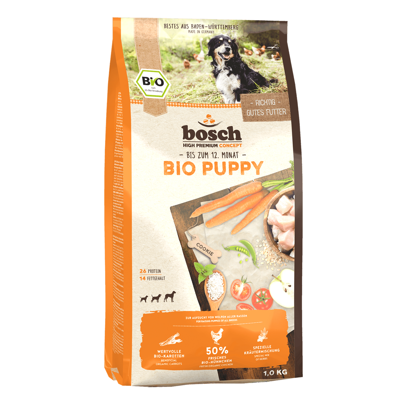 Artikel mit dem Namen Bosch Bio Puppy Hühnchen & Karotten im Shop von zoo.de , dem Onlineshop für nachhaltiges Hundefutter und Katzenfutter.