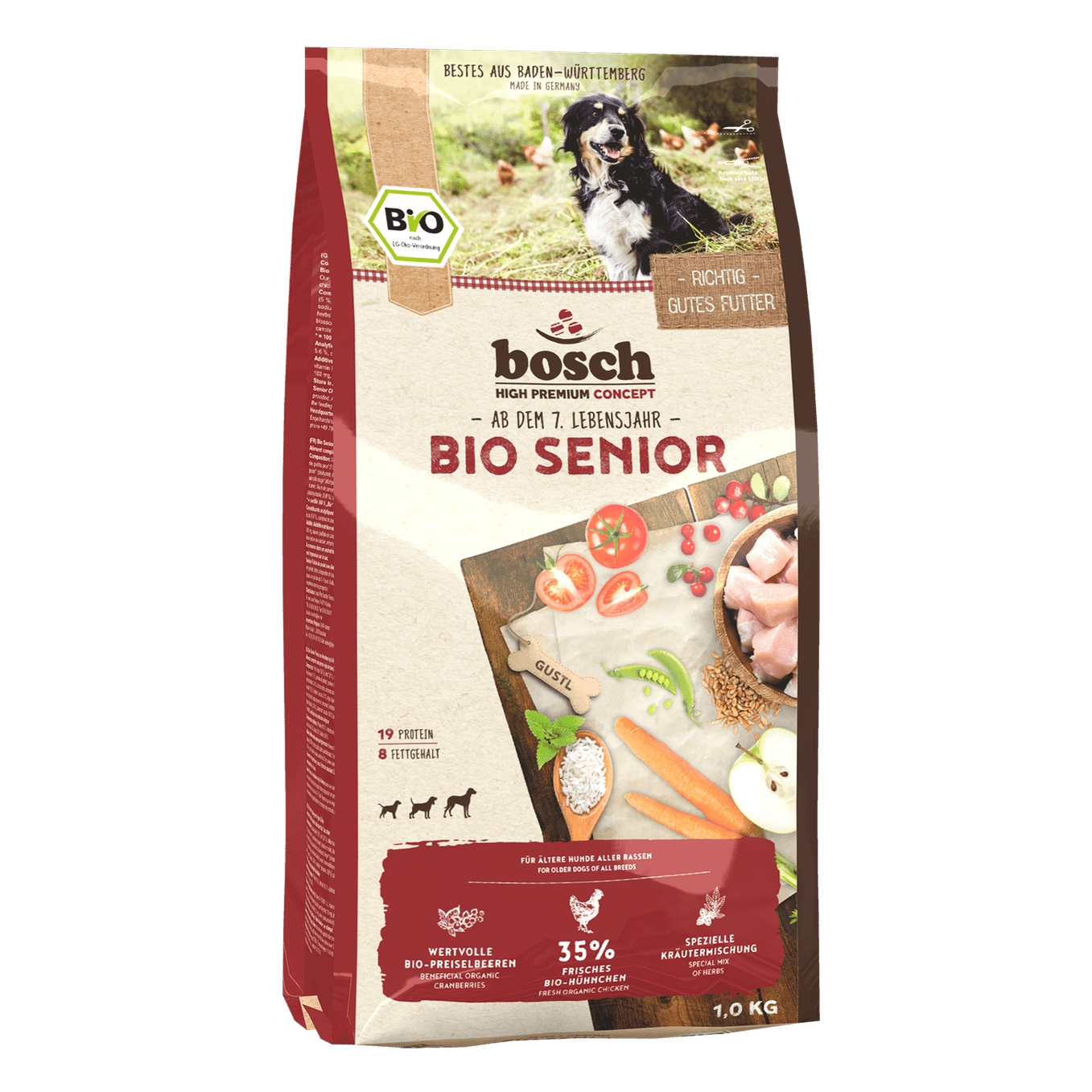 Artikel mit dem Namen Bosch Bio Senior Hühnchen & Preiselbeere im Shop von zoo.de , dem Onlineshop für nachhaltiges Hundefutter und Katzenfutter.