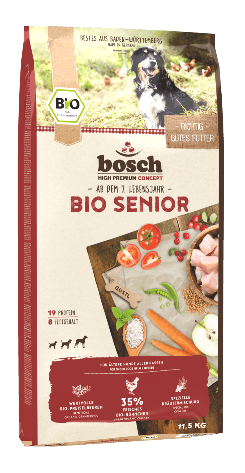 Artikel mit dem Namen Bosch Bio Senior Hühnchen & Preiselbeere im Shop von zoo.de , dem Onlineshop für nachhaltiges Hundefutter und Katzenfutter.