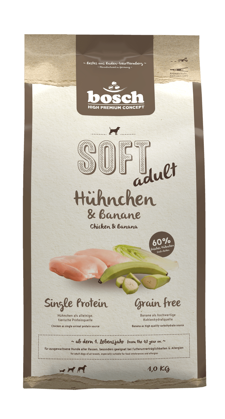 Artikel mit dem Namen Bosch HPC Soft Hühnchen & Banane im Shop von zoo.de , dem Onlineshop für nachhaltiges Hundefutter und Katzenfutter.