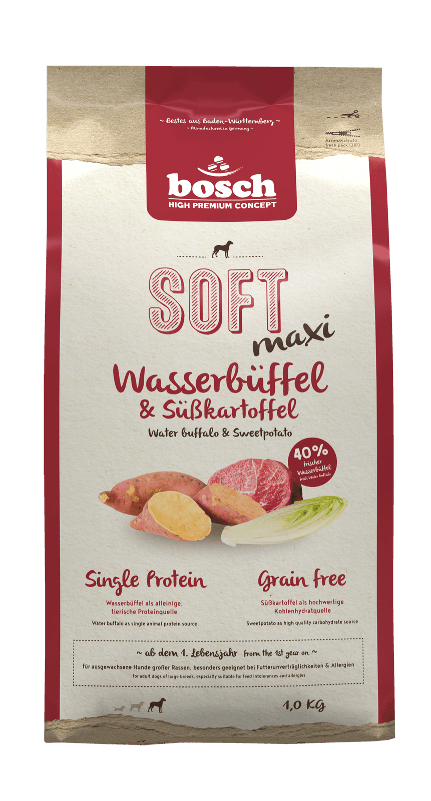 Artikel mit dem Namen Bosch HPC Soft Maxi Wasserbüffel &amp; Süßkartoffel im Shop von zoo.de , dem Onlineshop für nachhaltiges Hundefutter und Katzenfutter.