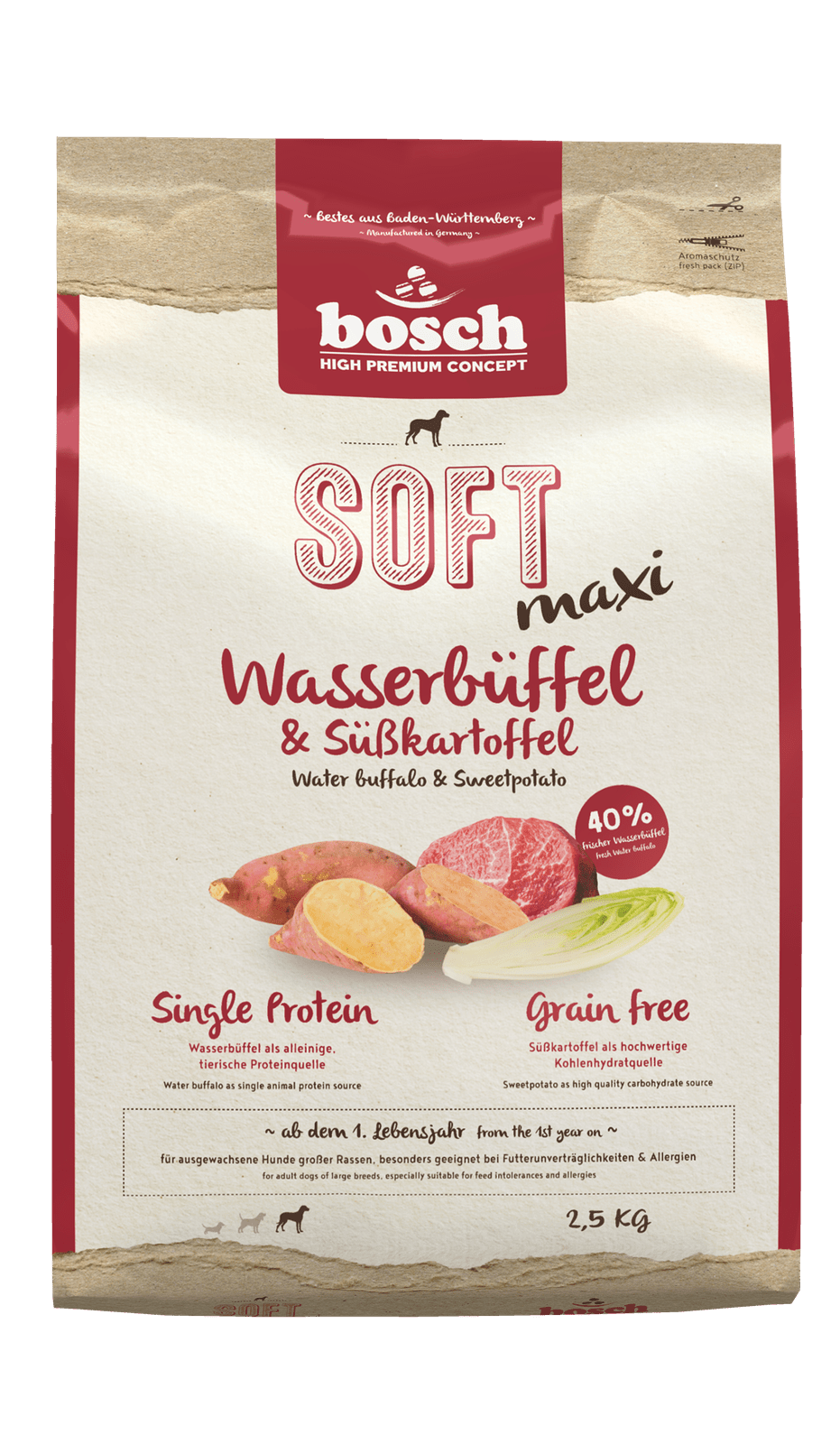 Artikel mit dem Namen Bosch HPC Soft Maxi Wasserbüffel &amp; Süßkartoffel im Shop von zoo.de , dem Onlineshop für nachhaltiges Hundefutter und Katzenfutter.