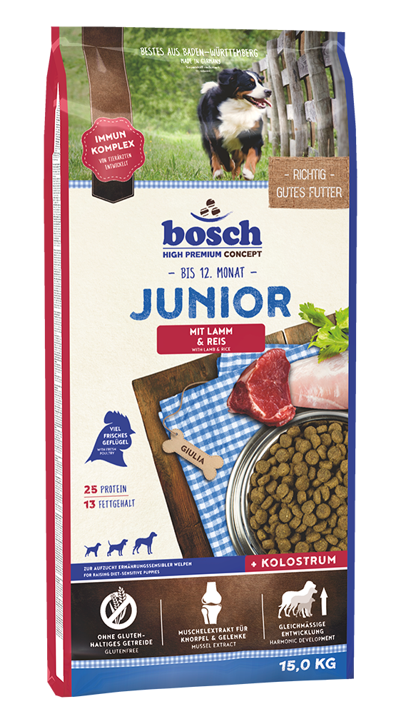 Artikel mit dem Namen Bosch Junior Lamm & Reis im Shop von zoo.de , dem Onlineshop für nachhaltiges Hundefutter und Katzenfutter.