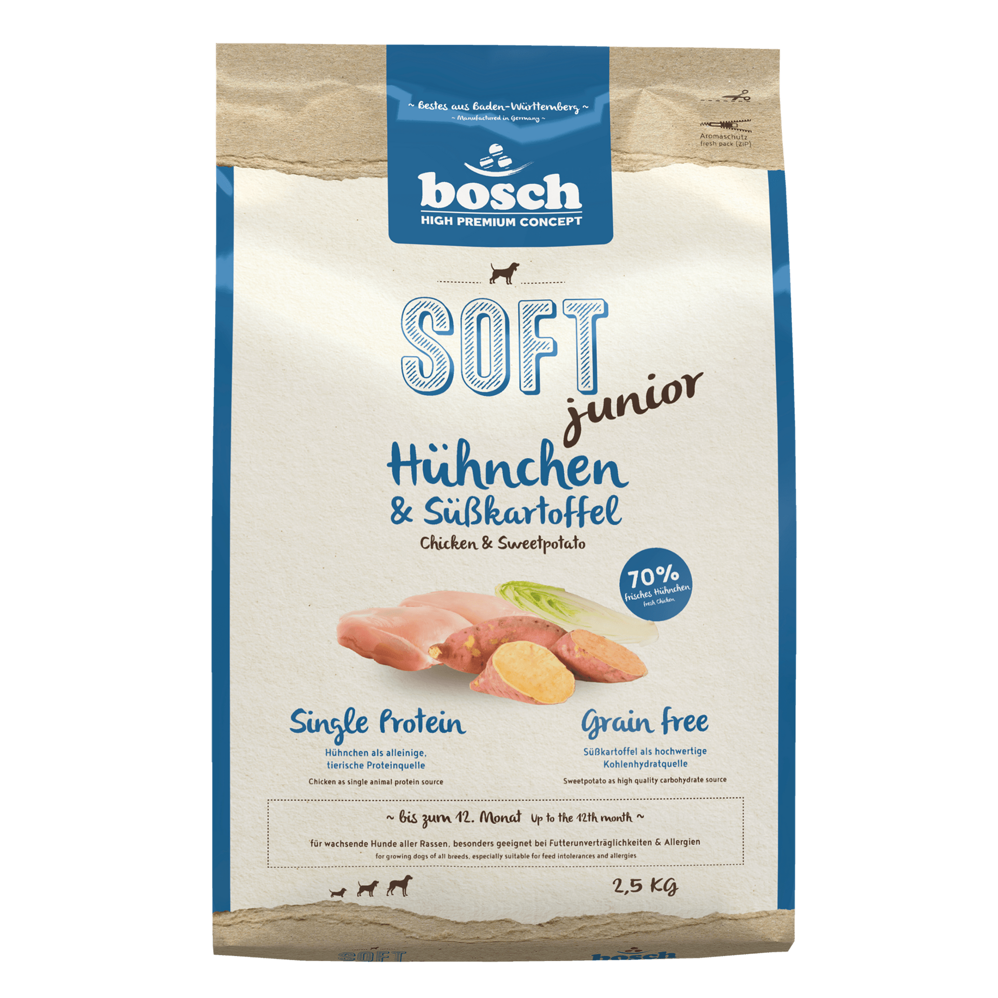 Artikel mit dem Namen Bosch Soft Junior Hühnchen & Süßkartoffel im Shop von zoo.de , dem Onlineshop für nachhaltiges Hundefutter und Katzenfutter.