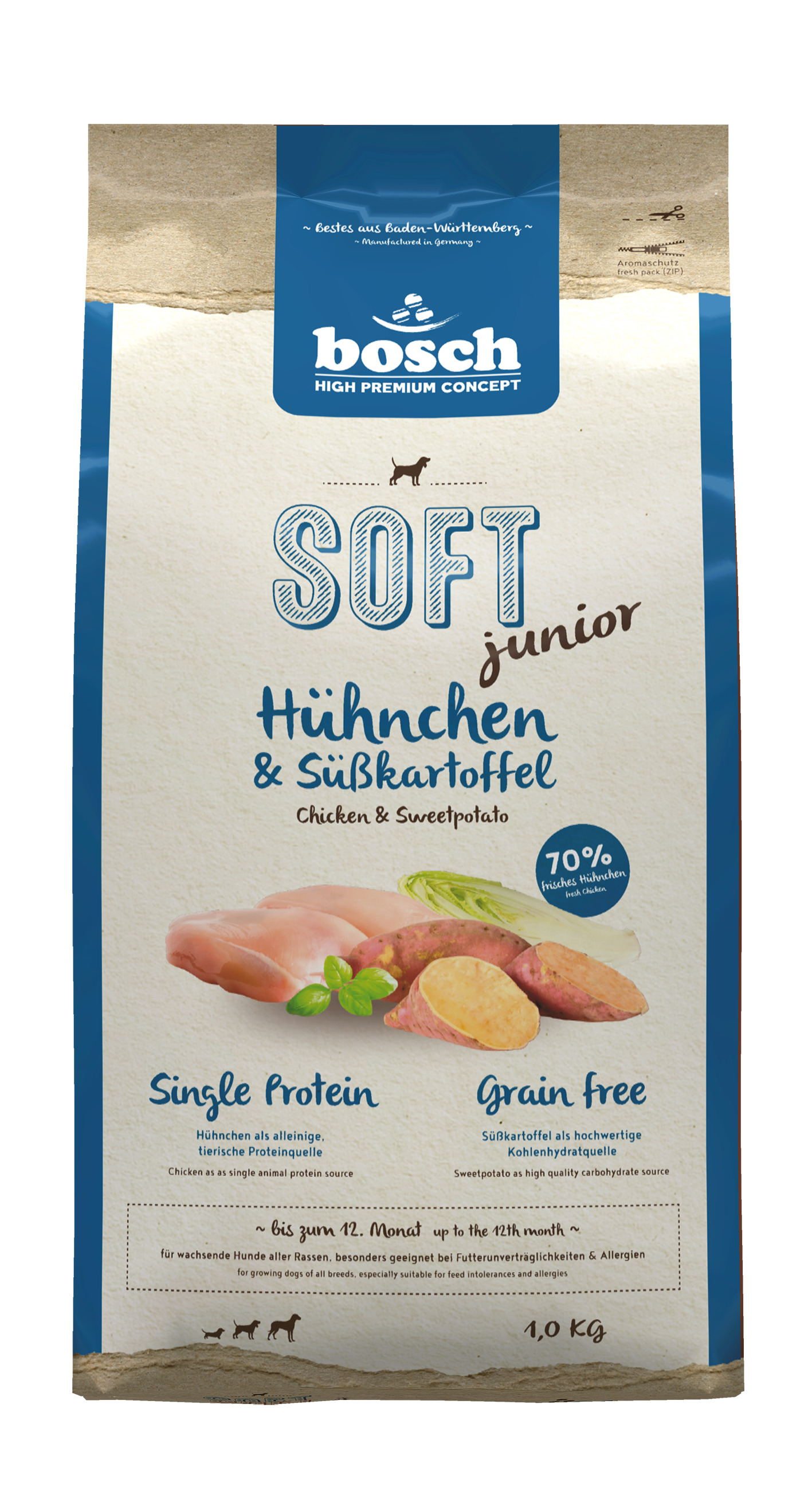 Artikel mit dem Namen Bosch Soft Junior Hühnchen & Süßkartoffel im Shop von zoo.de , dem Onlineshop für nachhaltiges Hundefutter und Katzenfutter.