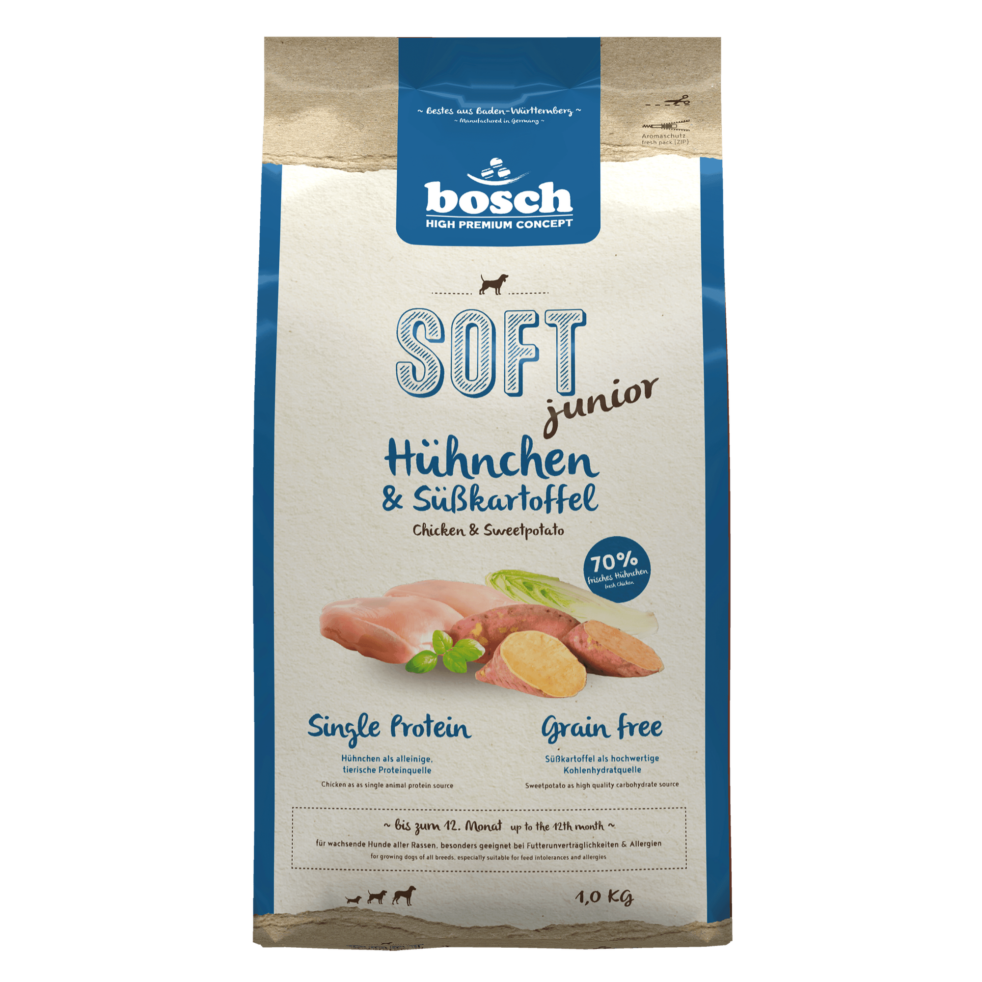 Artikel mit dem Namen Bosch Soft Junior Hühnchen & Süßkartoffel im Shop von zoo.de , dem Onlineshop für nachhaltiges Hundefutter und Katzenfutter.