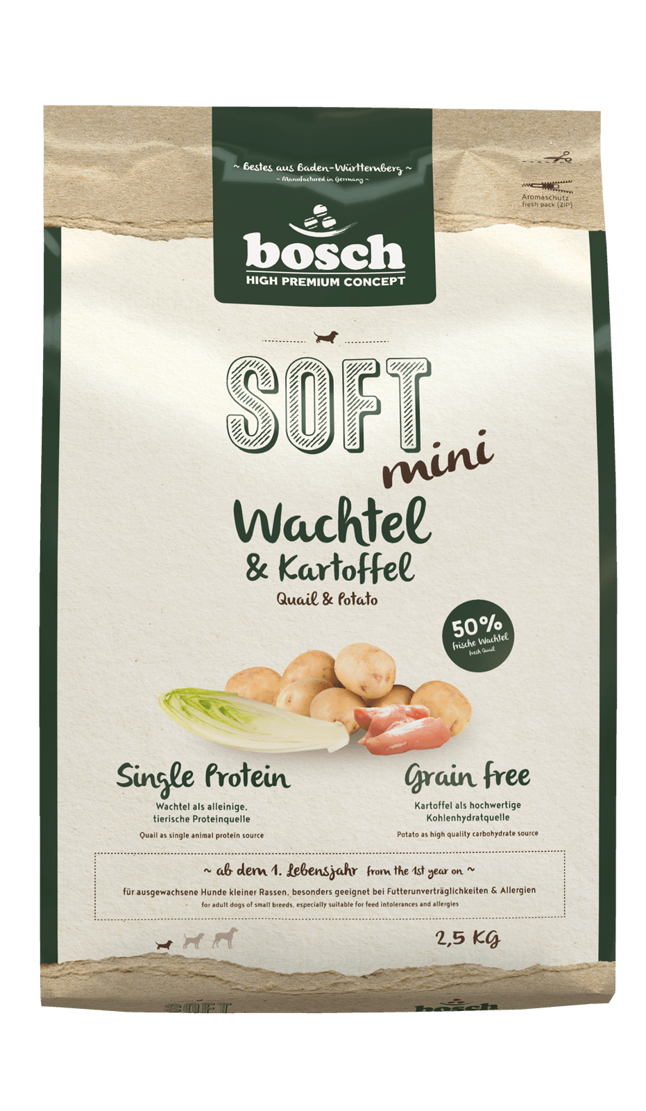 Artikel mit dem Namen Bosch Soft Mini Wachtel &amp; Kartoffel im Shop von zoo.de , dem Onlineshop für nachhaltiges Hundefutter und Katzenfutter.